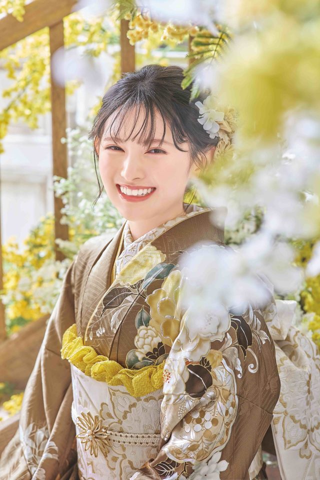 くすみ系振袖、からし色、レンタル振袖