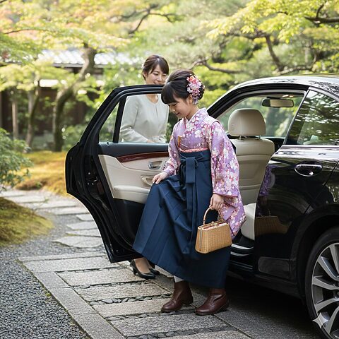レンタル袴姿での車の乗り降りの写真