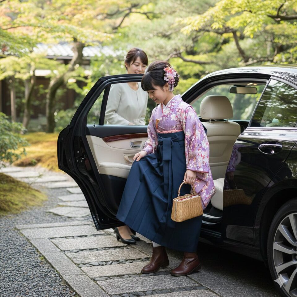 レンタル袴姿での車の乗り降りの写真